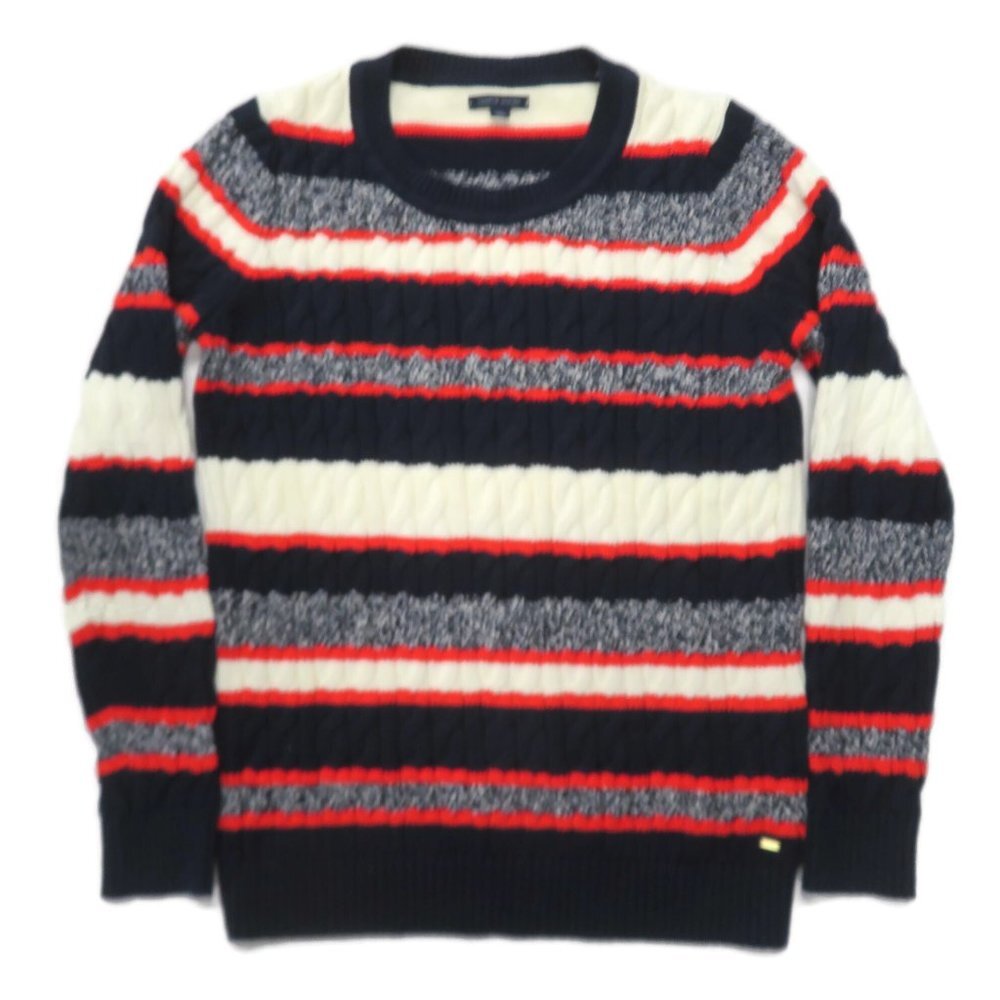 Tommy Hilfiger Sweater Mens‎ Large Blue White Black Striped Crew Cotton Pullover